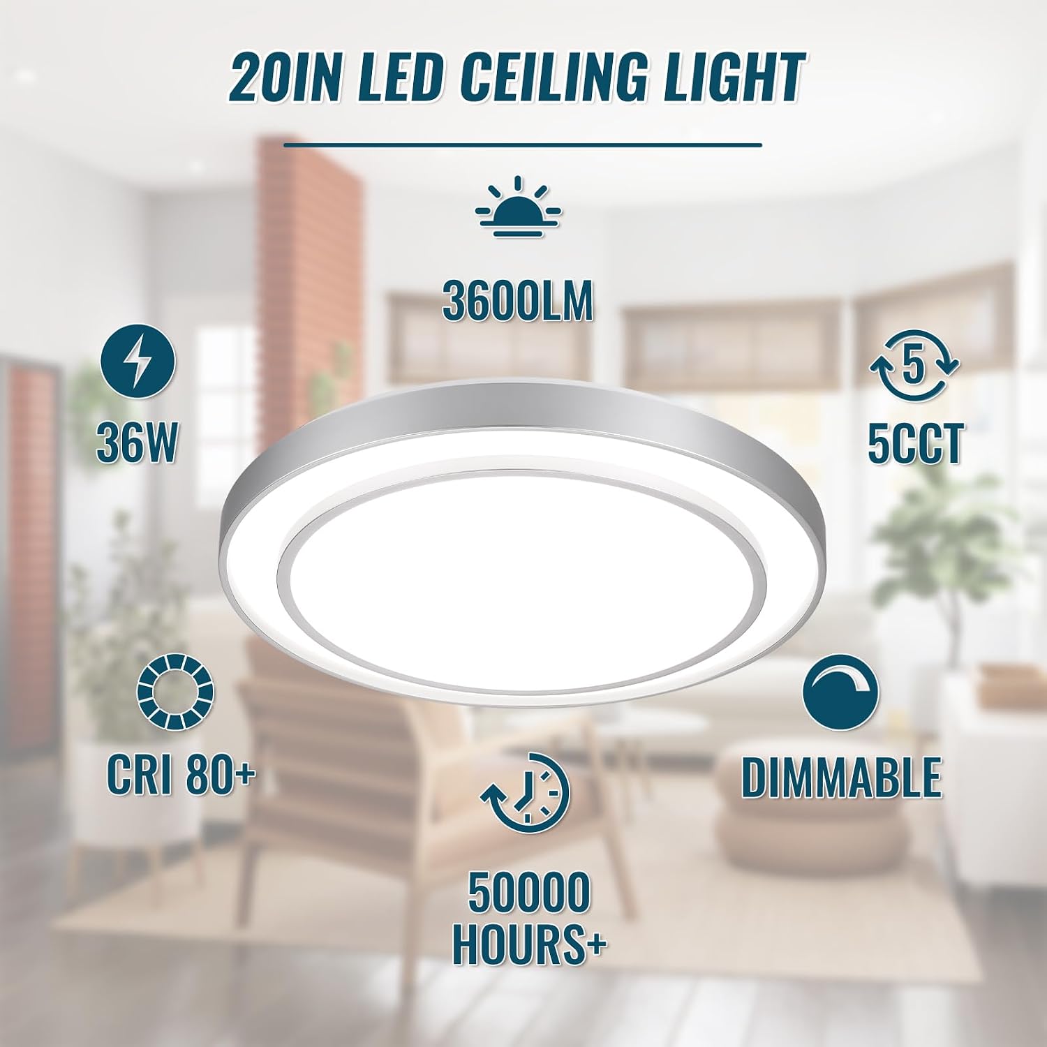 20' Flush Mount Ceiling Light Fixture 5CCT 2 Pack,Sliver Dimmable Light Fixture LED Ceiling Mount Round 36W, Modern Close to Ceiling Light for Living Room, Foyer, Kitchen, Bedroom