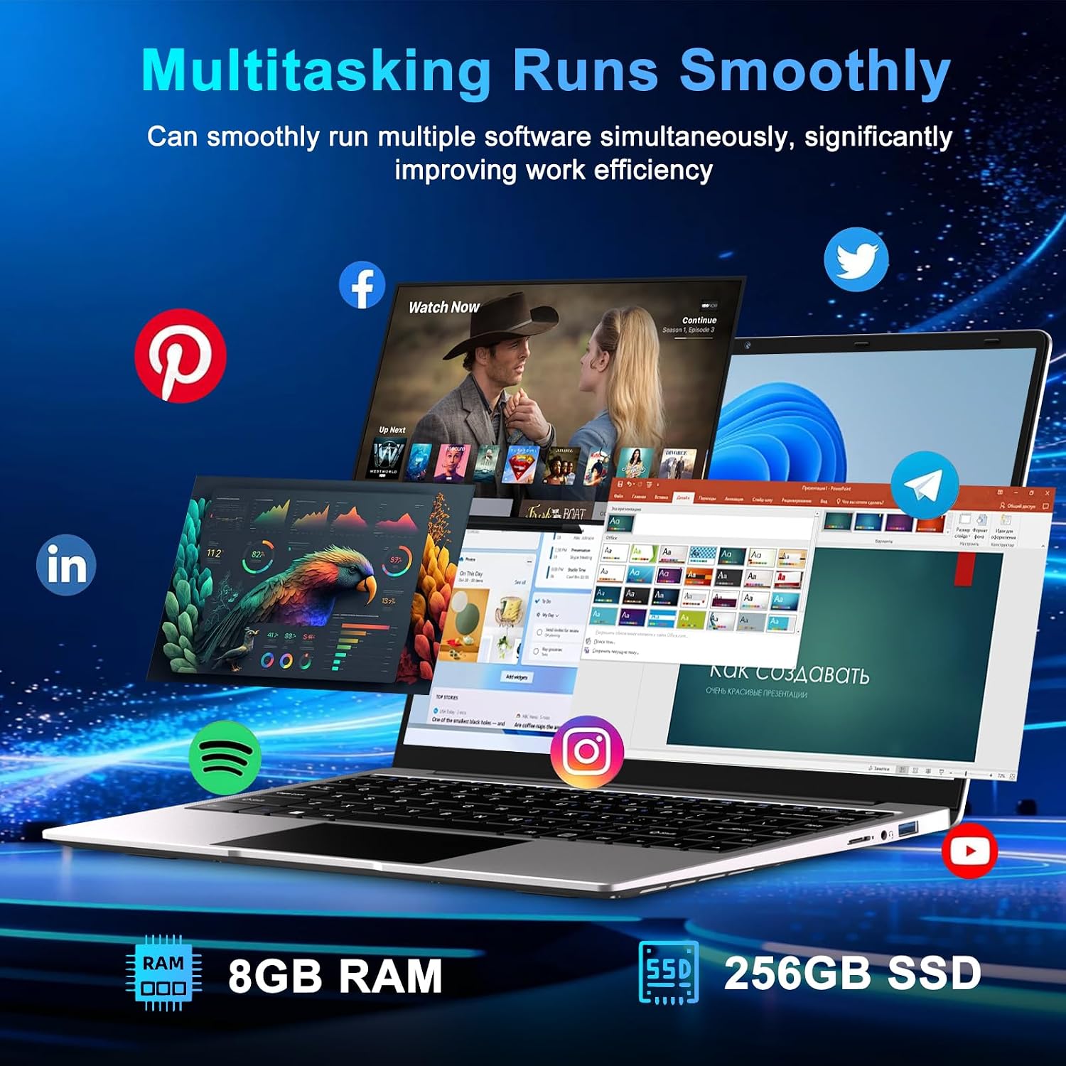 2026 14 Inch Laptop Computer Win 11 8GB+256GB SSD Up to 1TB SSD Expand Laptops N4020 Up to 2.8Ghz DDR4 1080p FHD Dual WiFi BT4.2 with Webcam Screen Projection Function for Business Student--Silver