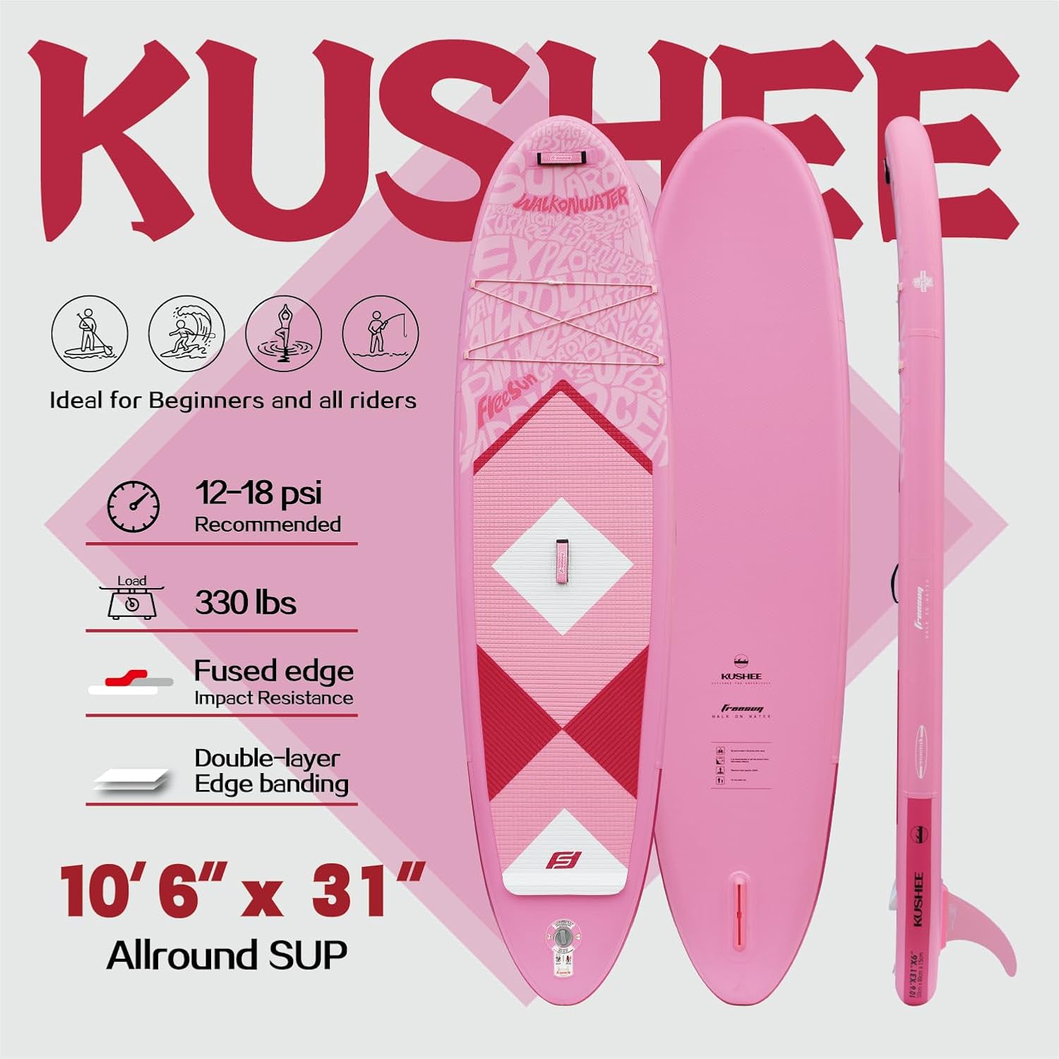 FREESUN KUSHEE 10'6' x 31' Inflatable Stand Up Paddle Board, All-Around iSUP for Beginners & Adults, Glue-Free Heat-Fusion Tech for Extra Durability, Stable Wide Nose, Lightweight Blow Up SUP