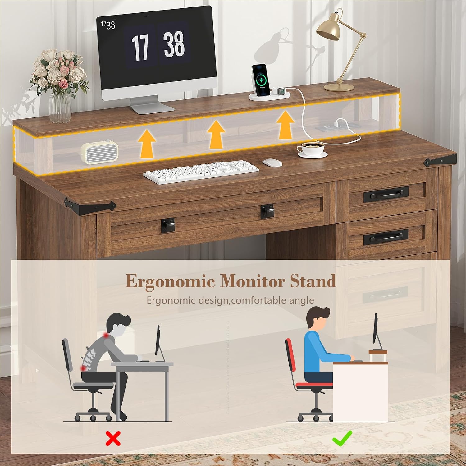 YOMILUVE Farmhouse Executive Desk with Drawers, 47' Computer Desk with Power Outlets, Home Office Desk with Monitor Stand & 4 Drawers, Small Desk Writing Study Table, Brown