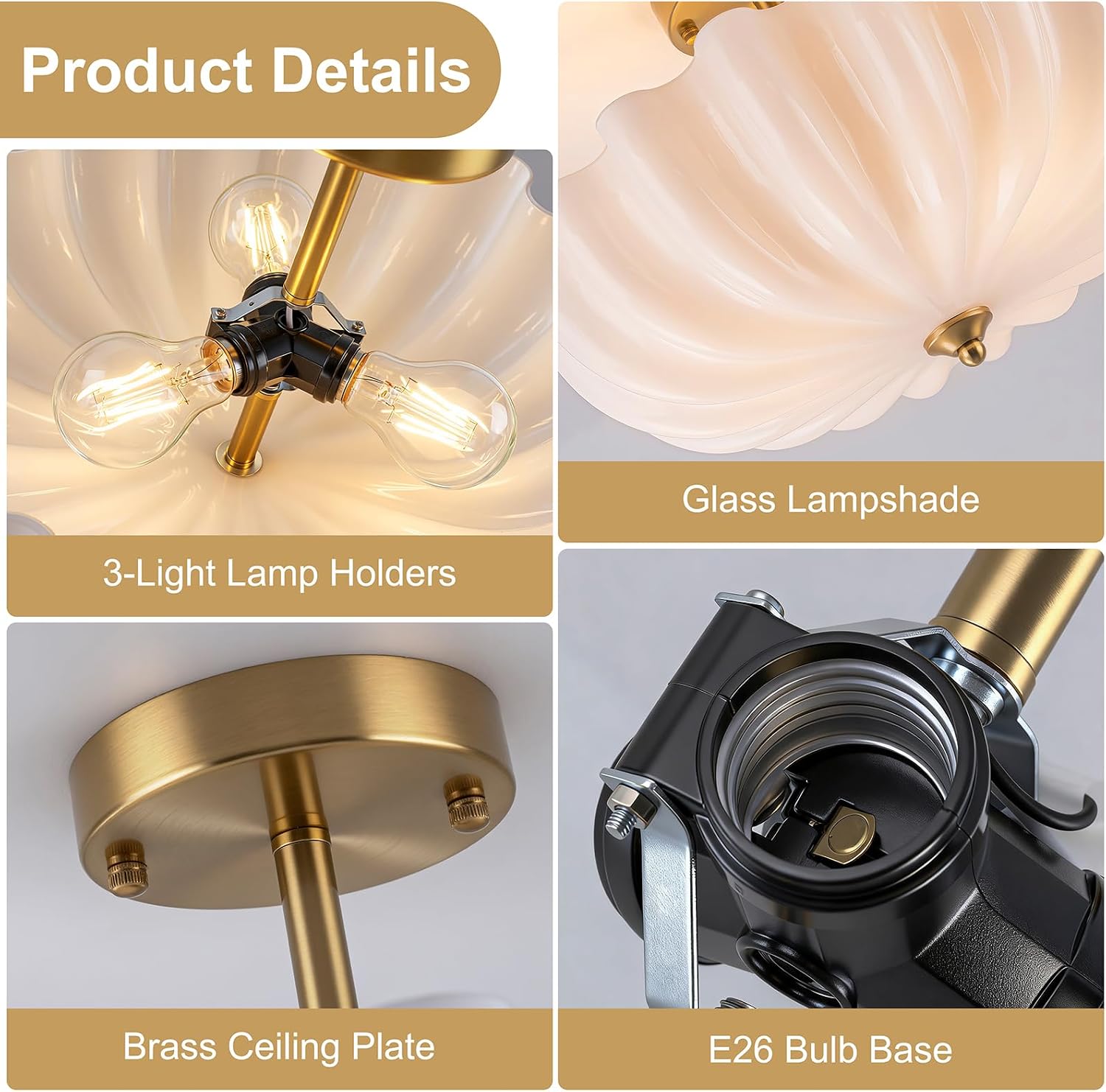 Gold Semi Flush Mount Ceiling Light, 15.7'' Milk Glass Light Fixture, 3-Light Modern Brushed Brass Ceiling Light Fixture for Hallway Entryway Foyer Living Room, E26