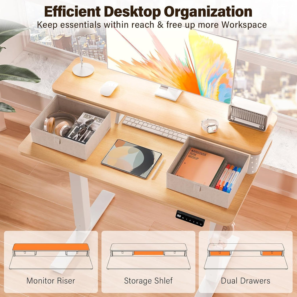 Kingant 40 x 24 Inch Small Electric Standing Desk with Dual Drawers, Height Adjustable Sit to Stand Computer Desk with Storage Shelf and C-Clamp Mount Compatibility for Home Office, Nature
