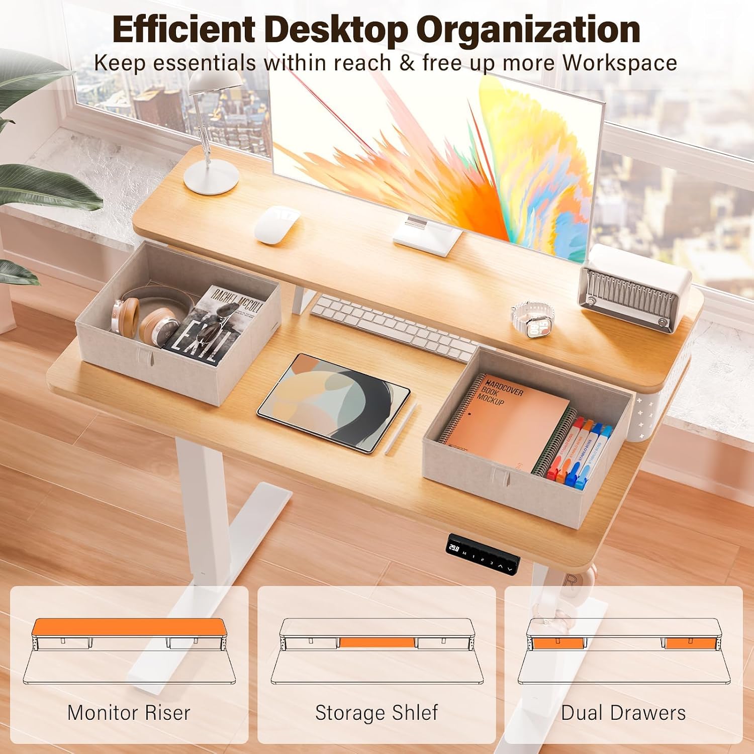Kingant 40 x 24 Inch Small Electric Standing Desk with Dual Drawers, Height Adjustable Sit to Stand Computer Desk with Storage Shelf and C-Clamp Mount Compatibility for Home Office, Nature