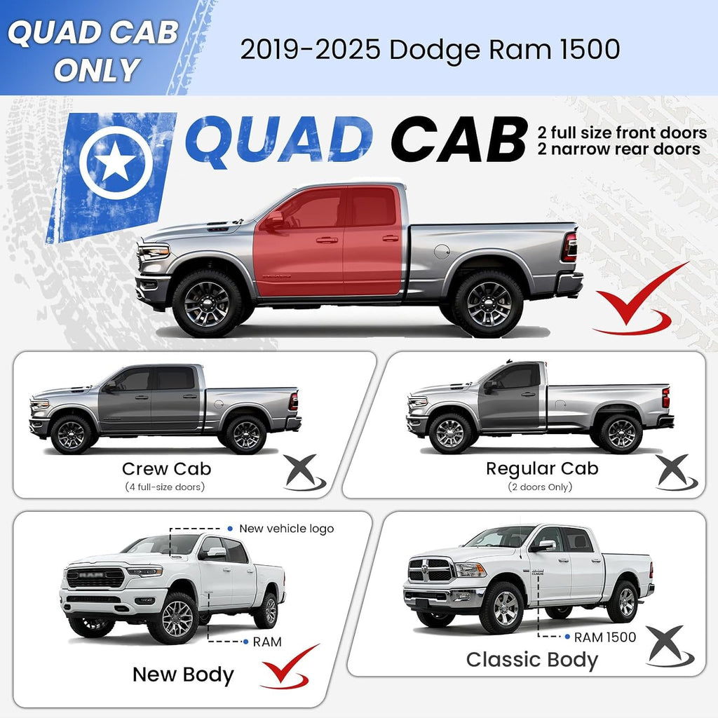 PZ 6' Running Boards Anti-Slip Side Steps Carbon Steel Compatible with Dodge Ram 1500 Quad Cab/Extended Cab 2019-2025 New Body Style,550LBS Steel No Drill Truck Running Boards Direct Fit Nerf Bar