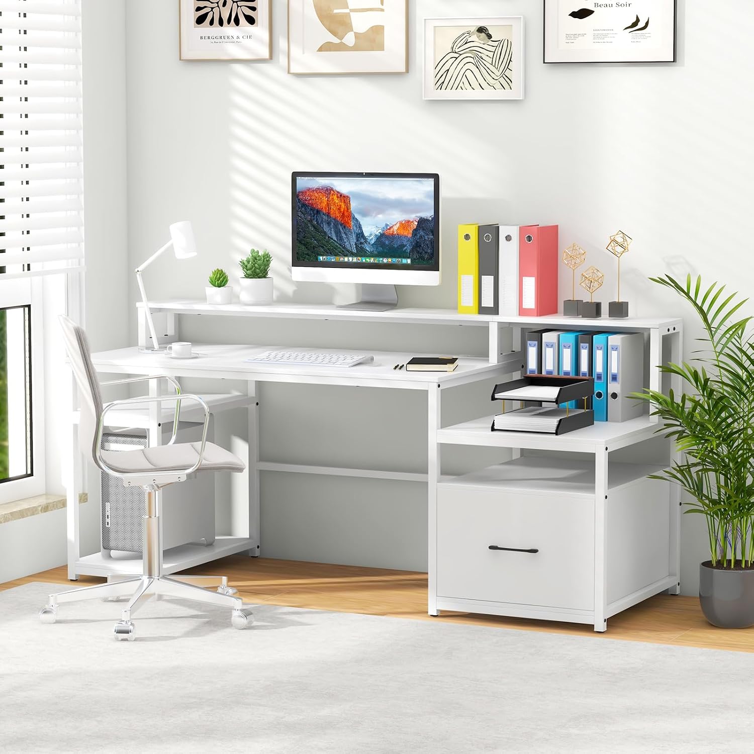 COSTWAY 66-inch Computer Desk with Power Outlet, Office Desk with Monitor Stand, Printer Shelf, File Drawer, CPU Stand, Modern Home Office Desk Computer Workstation, White