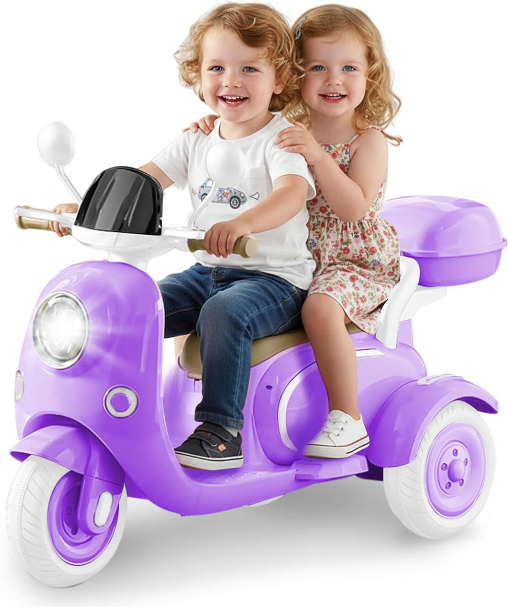 HEIMILI 12V 2-Seater Ride on Motorcycle for Kids, 3 Wheel Electric Motorbike with Dual 25W Motors, Toddler Moped Scooter with Bluetooth Music, Battery Powered Toy for Girls Boys 3-6 Years, Purple