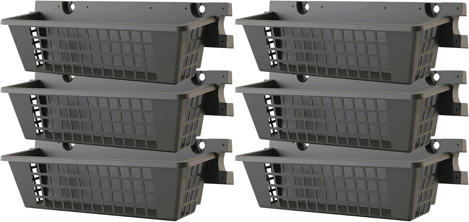 Suncast 6 Pack Accessory Baskets, Resin Organizers for Shed, Black, 25' x 7.25' x 7' - Outdoor Storage, 30 lb Weight Capacity, EZ Bolt Wall-Mount