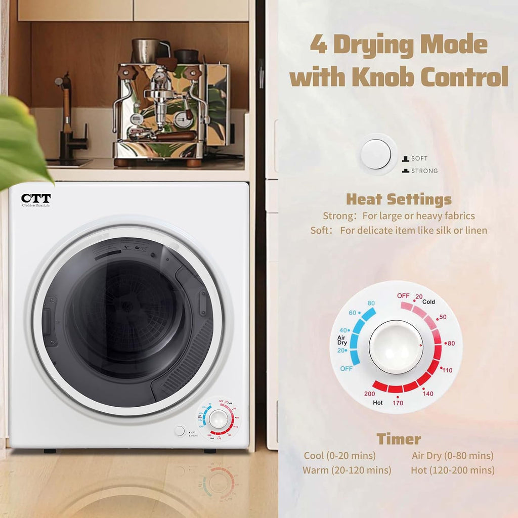 CTT Portable Clothes Dryer 3.5 cu.ft, 110V Laundry Dryer with Stainless Steel Tub, 4 Drying Mode, Portable Dryers for Laundry, Apartments, RVs, Dorms, 1500W