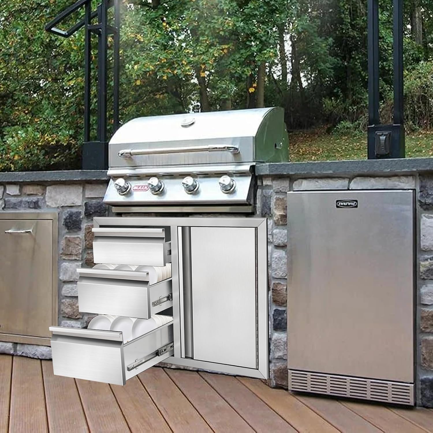 Outdoor Kitchen Drawer Combo Cabinet, Stainless Steel Triple Drawers with Integrated Access Door, 28' W x 22' H x 19.5' D Outdoor Built-in Cabinet for BBQ Island Grill Stations