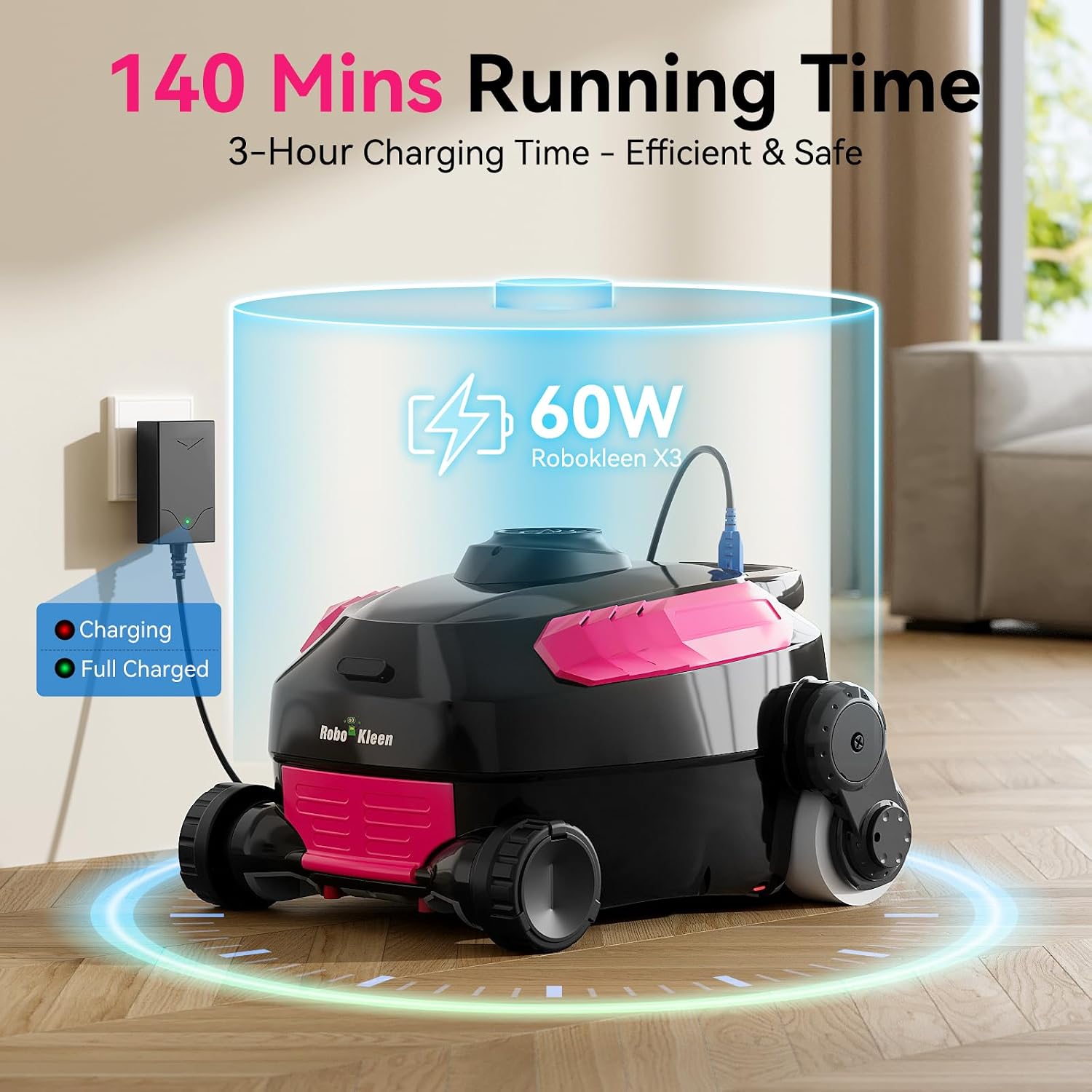 Cordless Robotic Pool Cleaner, Wall Climbing, Extended Battery Life, 0.28 Cu Ft Large Capacity, Advanced Dual-Motor, X3 Auto Pool Vacuum for Inground & Above Ground Pools Up to 1615 Sq.Ft, Pink