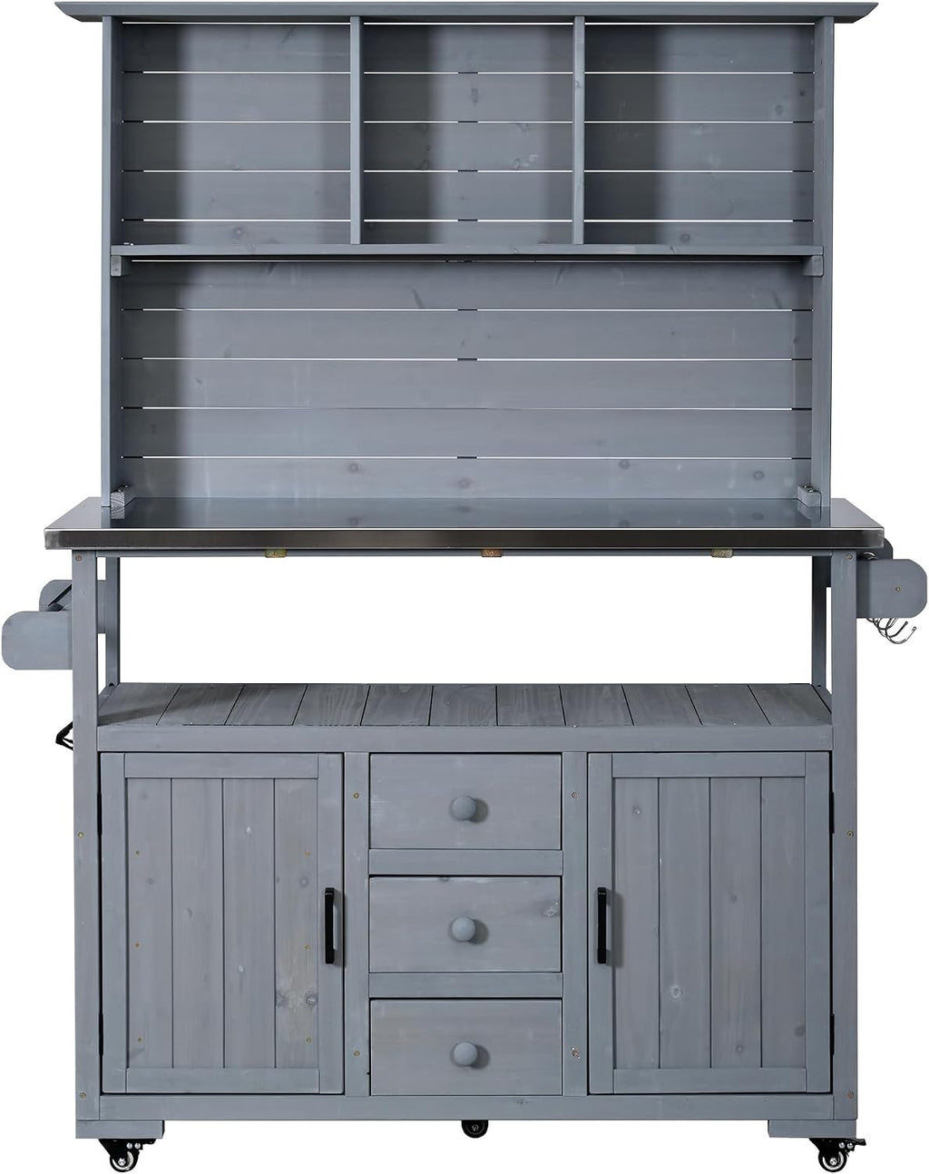 65''H Large Garden Potting Bench, Solid Fir Wood Outdoor Kitchen Island with Lockable Wheels, Stainless Steel top, Drawers, Shelf and Cabinets, Door Shelves and Hutch for Grilling (Gray-113)