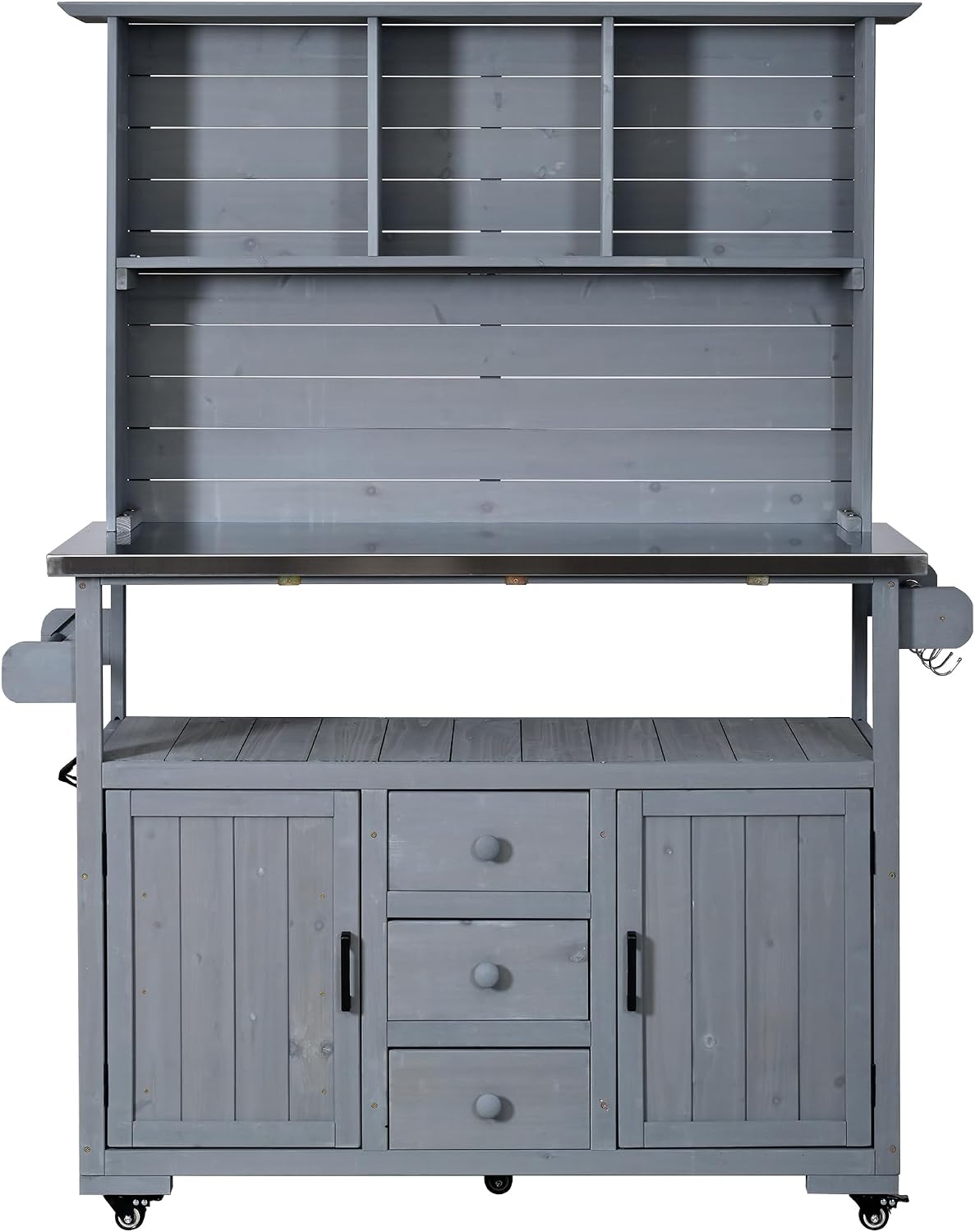65''H Large Garden Potting Bench, Solid Fir Wood Outdoor Kitchen Island with Lockable Wheels, Stainless Steel top, Drawers, Shelf and Cabinets, Door Shelves and Hutch for Grilling (Gray-113)