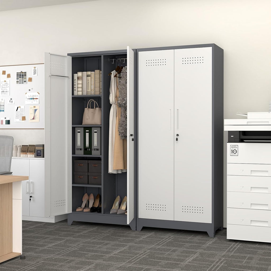 LUCYPAL Broom Storage Cabinet with Locking Doors and Shelves,Broom Closet Storage Cabinet with Hanging Rod and Hooks,Metal Garage Cabinets for Kitchen,Bathroom,Office 72.8' H White&Grey