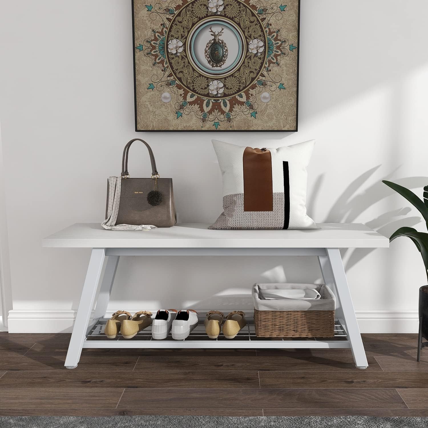 Oastreeful Industrial Entryway Bench Rustic Wood and Metal Storage Bench for Indoor Living Dining Room Bedroom Long Shoe Benches Seat (White)