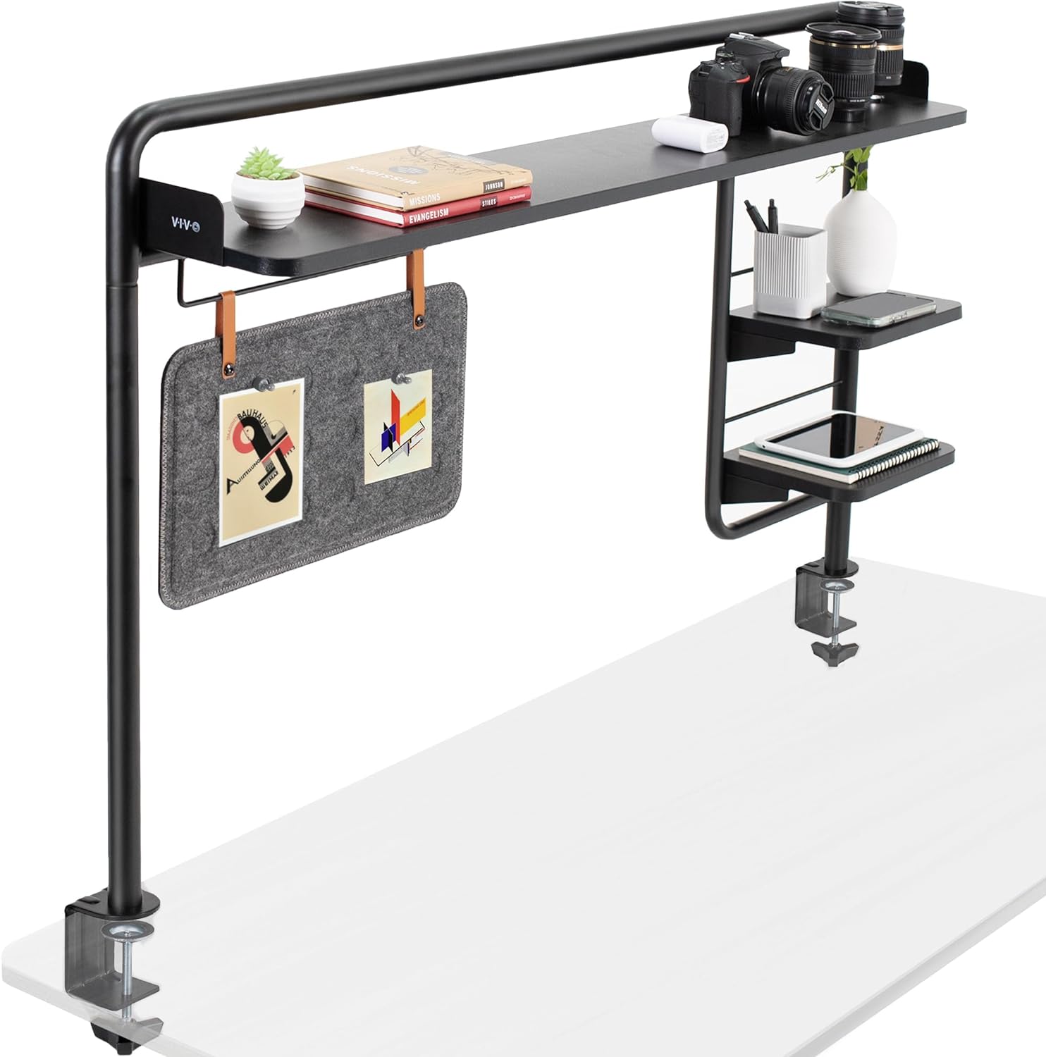 VIVO Clamp-on 50 inch Desktop Shelving System for Sit Stand Workstation, Raised Accessory Storage Shelves and Magnetic Memo Board Desk Organizer, Black, DESK-SHELF55A