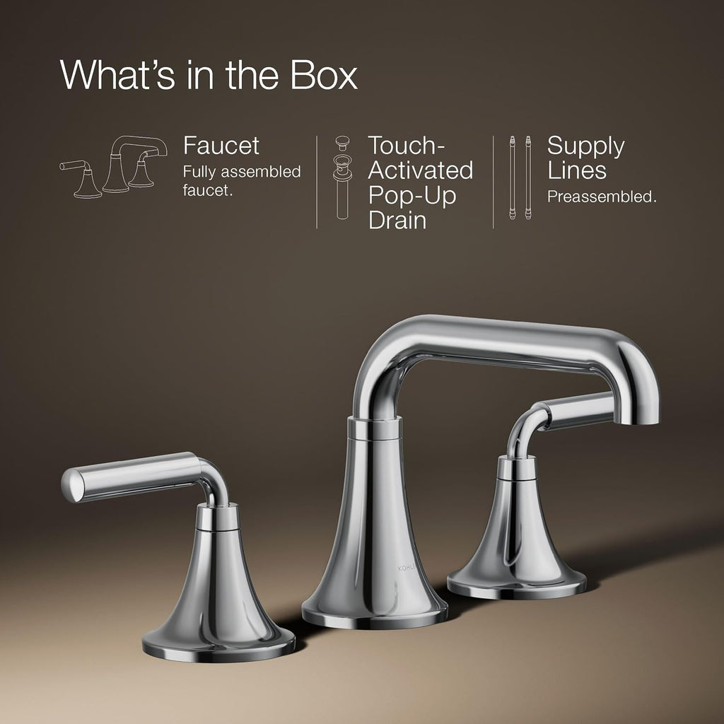 KOHLER K-27416-4-CP Tone™ Widespread Bathroom Sink Faucet, 3-Hole, Widespread Bathroom Faucets with Two Lever Handles and Clicker Drain, 1.2 GPM, Polished Chrome
