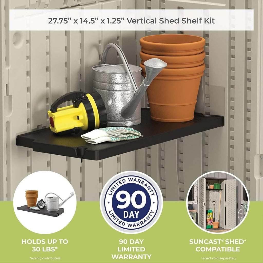 Suncast 4 Pack Vertical Shed Shelf Kit, Space Saving Shelving for Wall Mount Outdoor Storage Structures, 27.75' W x 14.5' D x 1.25' H, Black