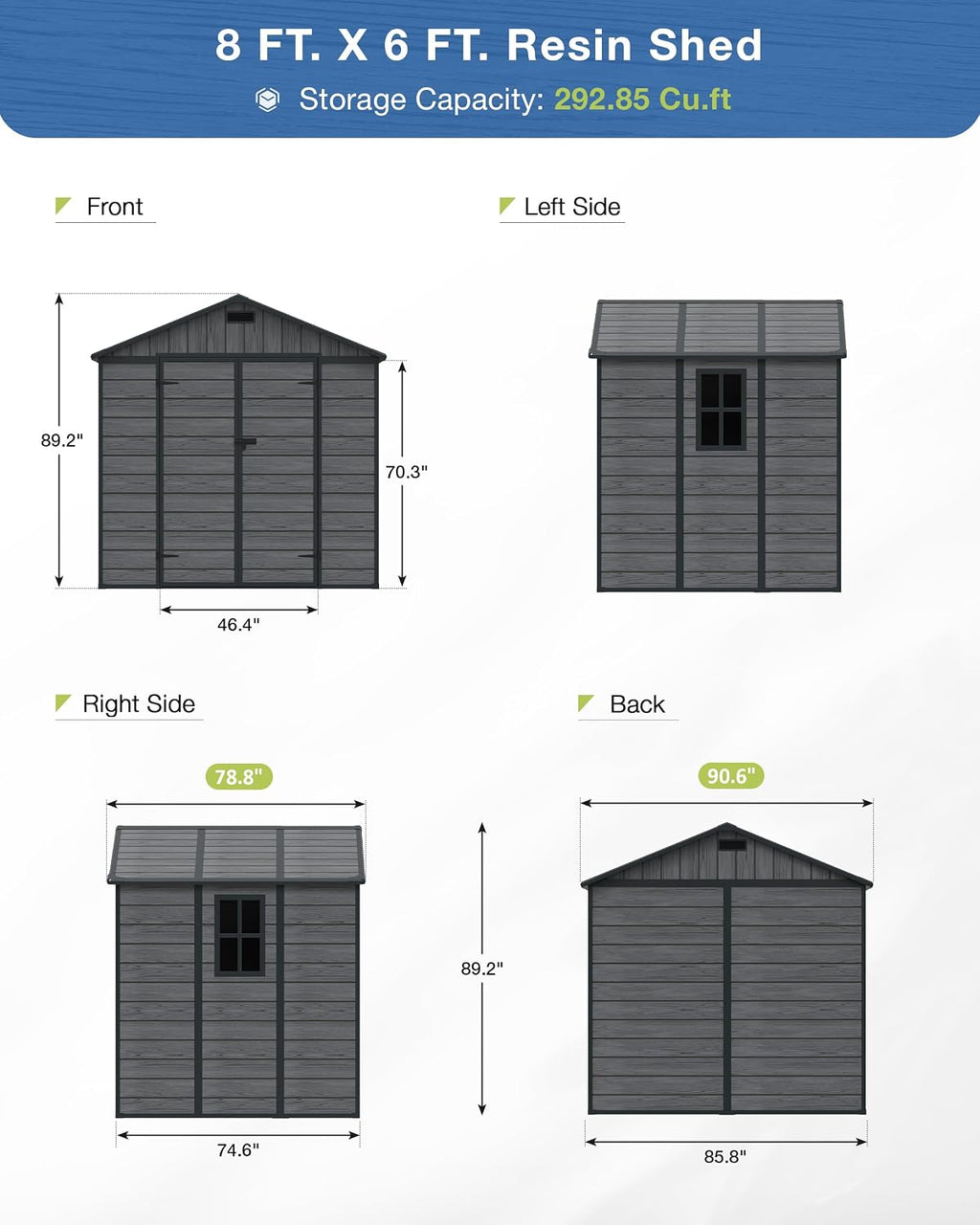 Amopatio Storage Shed 6x8, Resin Outdoor Shed with Floor Included, Plastic Sheds Outdoor Storage for Garden Tools, Bike, Sheds & Outdoor Storage with Lockable Door, Window & Vents, Charcoal Gray