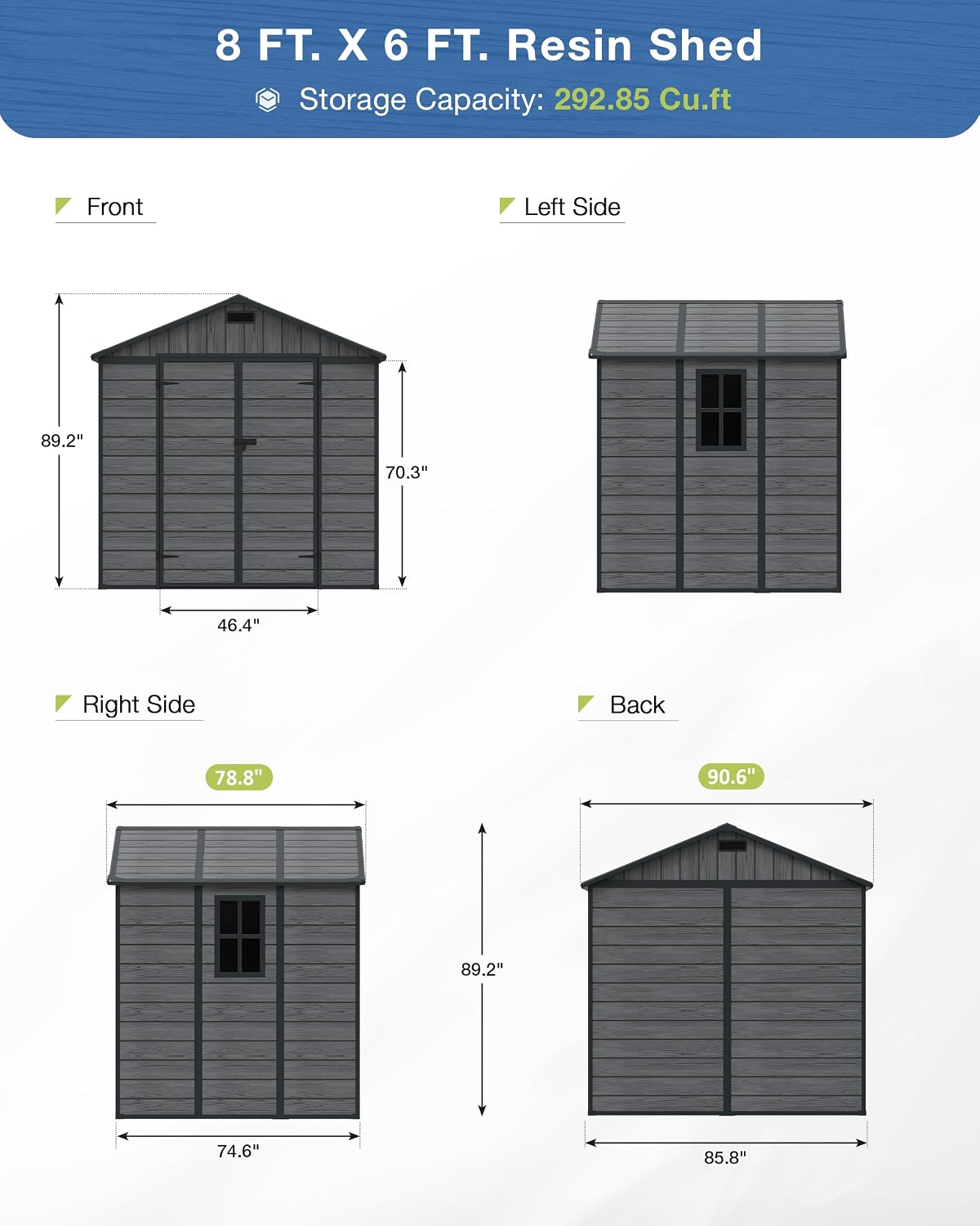 Amopatio Storage Shed 6x8, Resin Outdoor Shed with Floor Included, Plastic Sheds Outdoor Storage for Garden Tools, Bike, Sheds & Outdoor Storage with Lockable Door, Window & Vents, Charcoal Gray