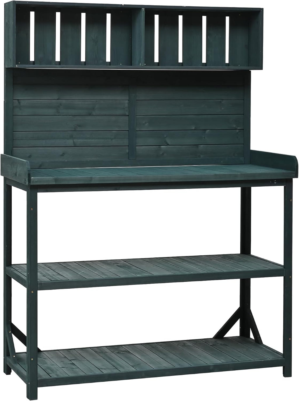 Farmhouse Rustic Outdoor Potting Bench Table, 65' Large Wooden Garden Potting Bench with 4 Storage Shelves and Side Hook, Spacious Patio Workstation