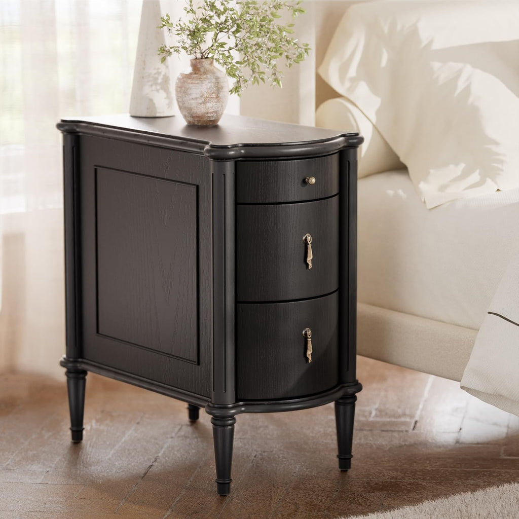 STO'SENSE Nightstand w/Charging Station & 3 Drawers, Pre-Assembled, Vintage Side Table w/Antique-Finished Pulls, Rustic Wood Finish, Narrow End Table w/Turned Legs for Bedroom (1, Black)