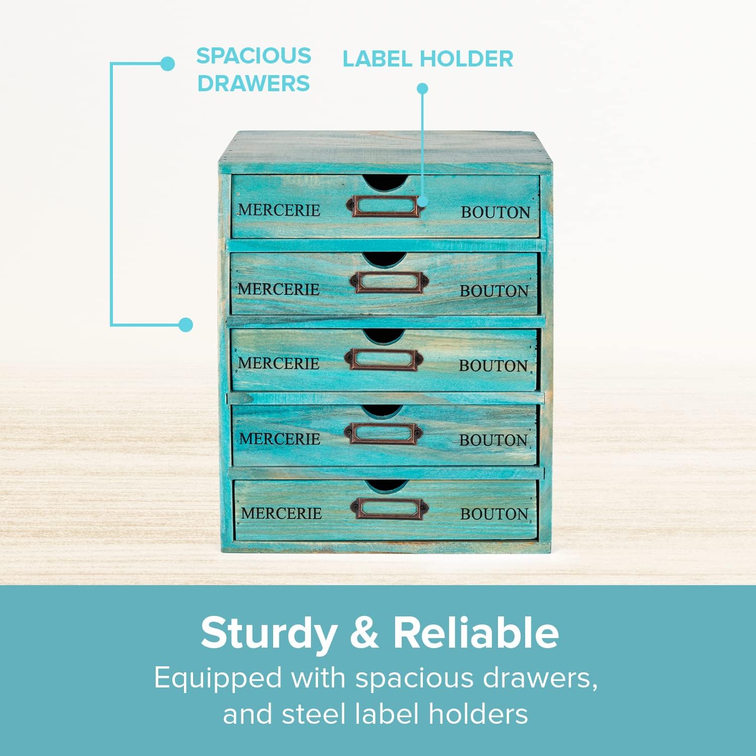 5-piece Full Matching Set Turquoise Wooden Cabinets,European Country Style Desk Organizer Boxes,Multi-level Teal Wooden Stackable Drawers,Countertop Organizer Drawers w/ Label Holder,Desktop Chests