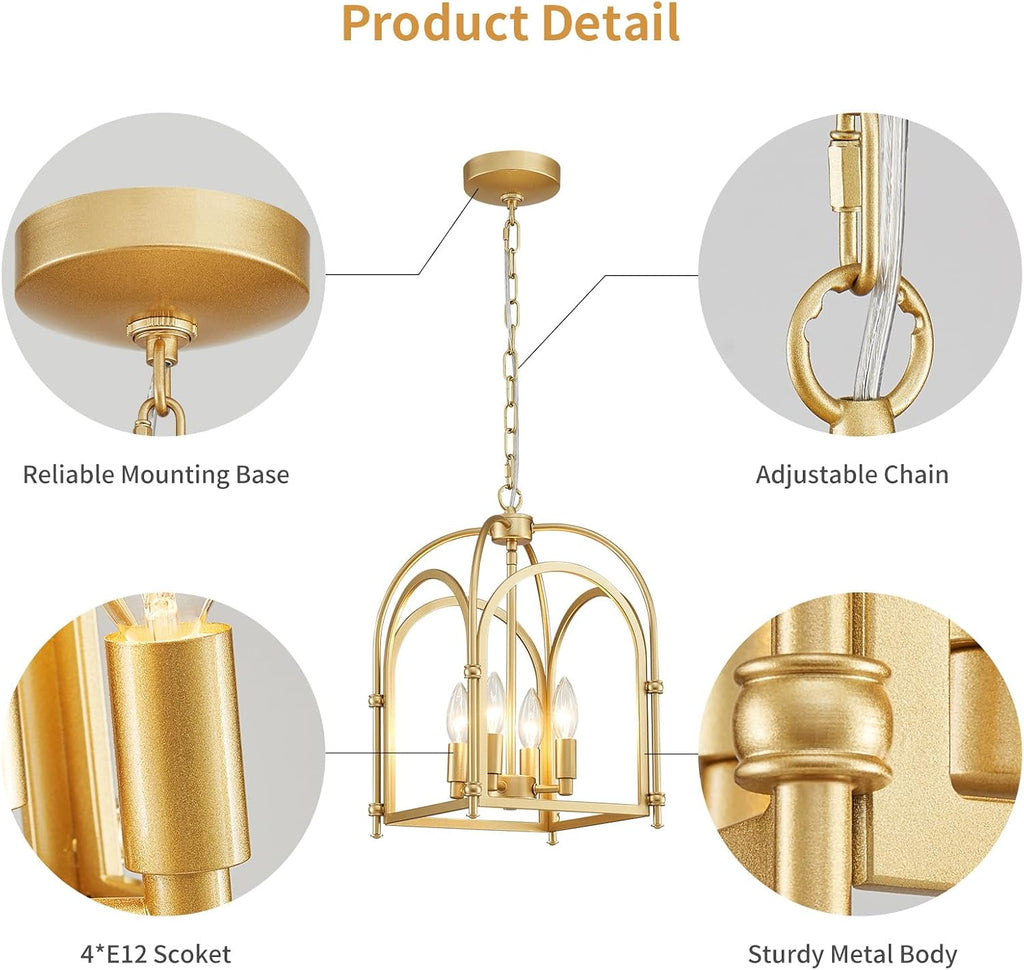 4-Light Gold Chandelier, Modern Farmhouse Lantern Chandelier with Rustic Cage Hanging Pendant Light Fixture for Kitchen Island Bedroom Living Room Entryway Foyer, Dining Room Light Fixtures Over Table
