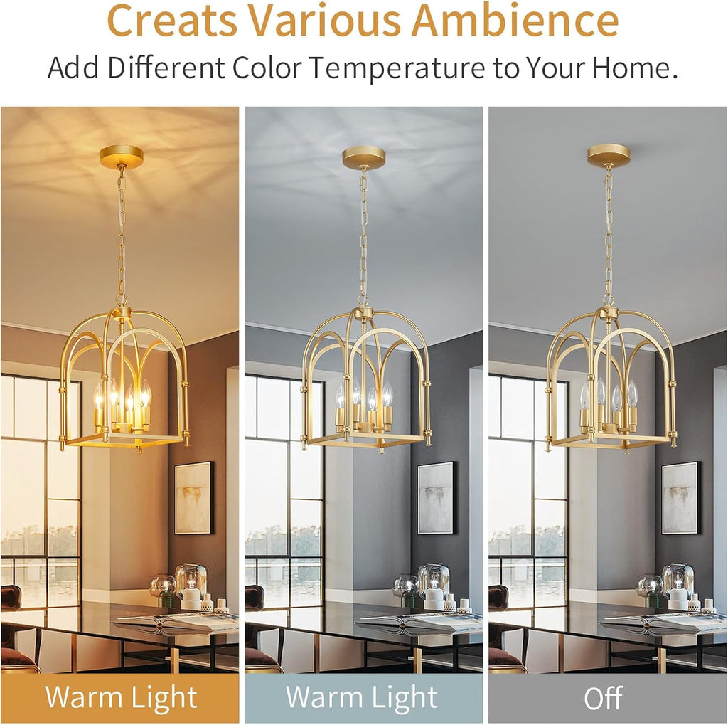 4-Light Gold Chandelier, Modern Farmhouse Lantern Chandelier with Rustic Cage Hanging Pendant Light Fixture for Kitchen Island Bedroom Living Room Entryway Foyer, Dining Room Light Fixtures Over Table