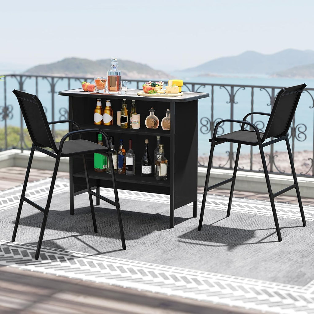 Tangkula 3 Piece Outdoor Bar Set, Patio Bar Height Table & Armchairs with Footrest, Wood Plastic Tabletop & 2-Tier Shelf, Heavy-Duty Metal Barstools & Table Furniture for Backyard, Poolside (Black)