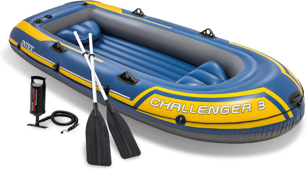 INTEX 68370EP Challenger 3 Inflatable Boat Set: Includes Deluxe 48in Boat Oars and High-Output Pump – Triple Air Chambers – Welded Oar Locks – 3 Person – 660lb Weight Capacity