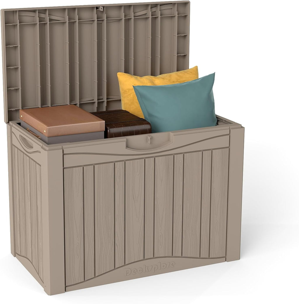 50 Gallon Plus Waterproof Outdoor Storage Bin Resin Deck Box for Patio, Poolside, and Garden, Lockable & UV-Resistant, Ideal for Small Spaces, Grey
