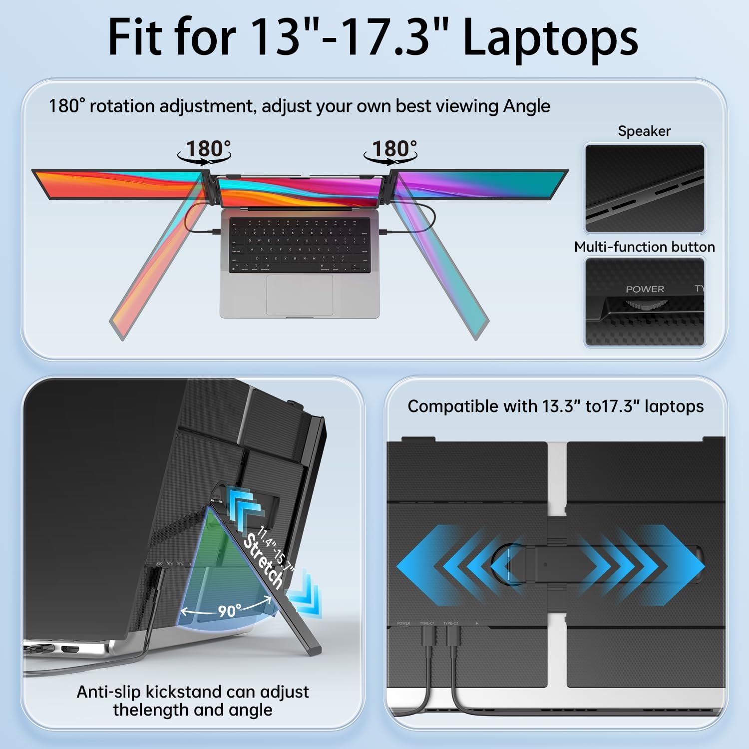 14.2' Triple Laptop Screen Extender, Ultra-Thin FHD 1080P IPS Portable Monitor for Laptop, Aluminum Alloy Tri-Screen Travel Monitor, Plug & Play for Windows/Mac/Chrome, Fits 13'-17.3' Laptops