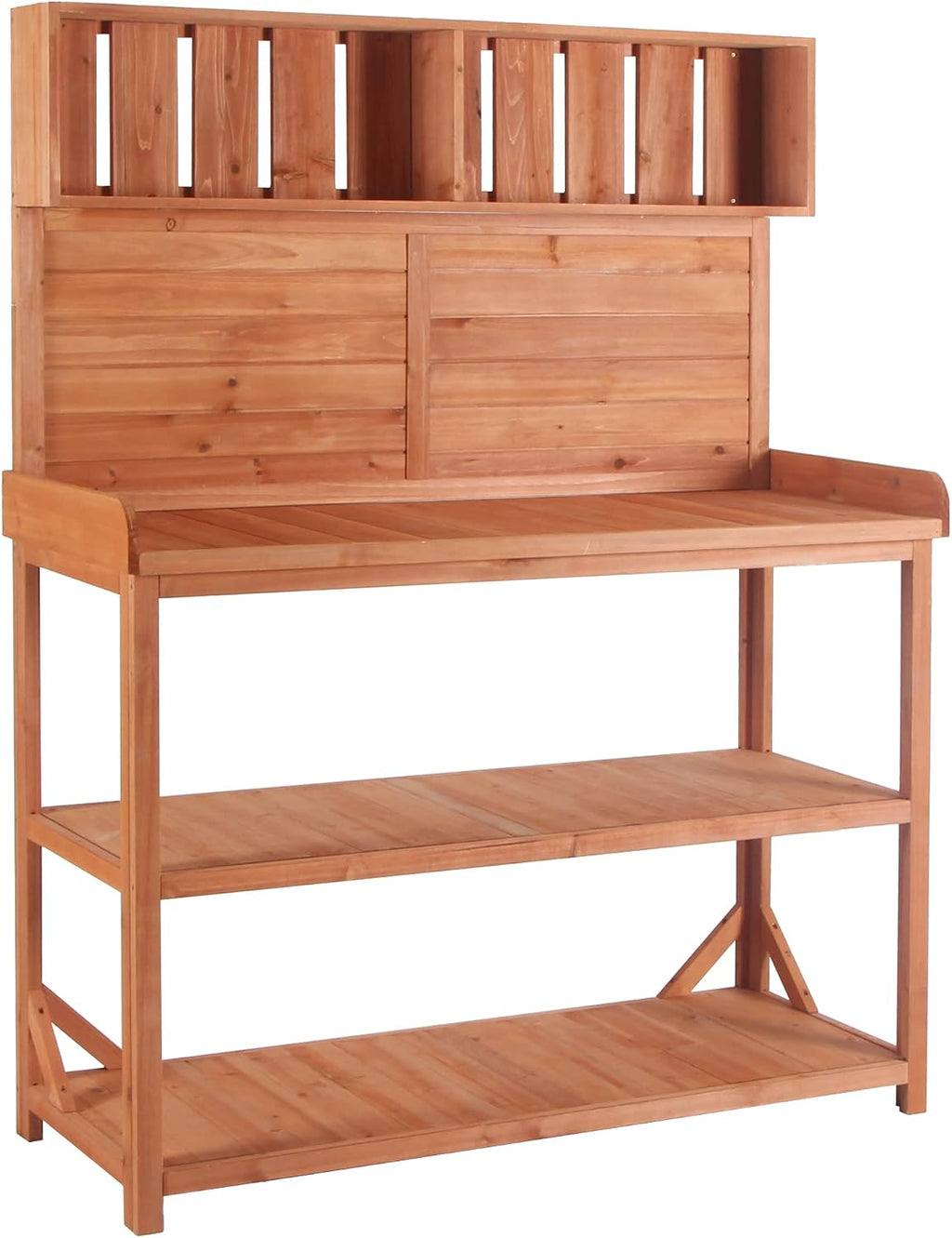 Farmhouse Rustic Outdoor Potting Bench Table, 65' Large Wooden Garden Potting Bench with 4 Storage Shelves and Side Hook, Spacious Patio Workstation