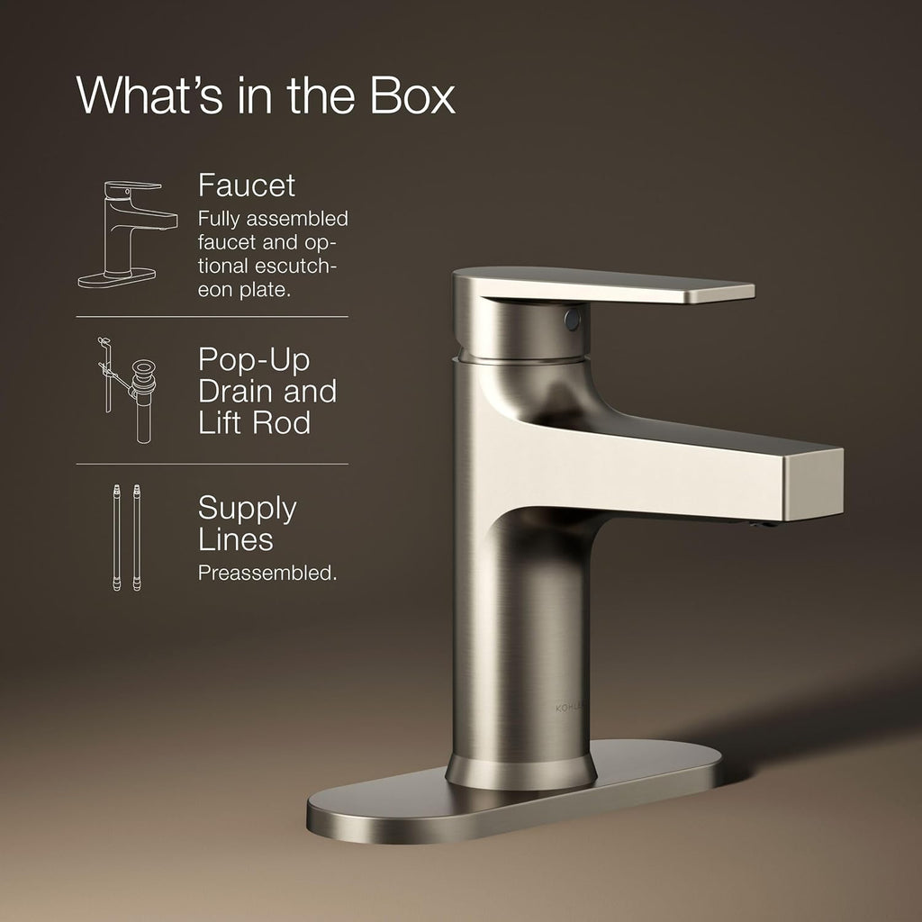 KOHLER K-74021-4-BN Taut® Single-Handle Bathroom Sink Faucet, 1.2 GPM, Minimalist Design, Corrosion Resistant, Vibrant Brushed Nickel