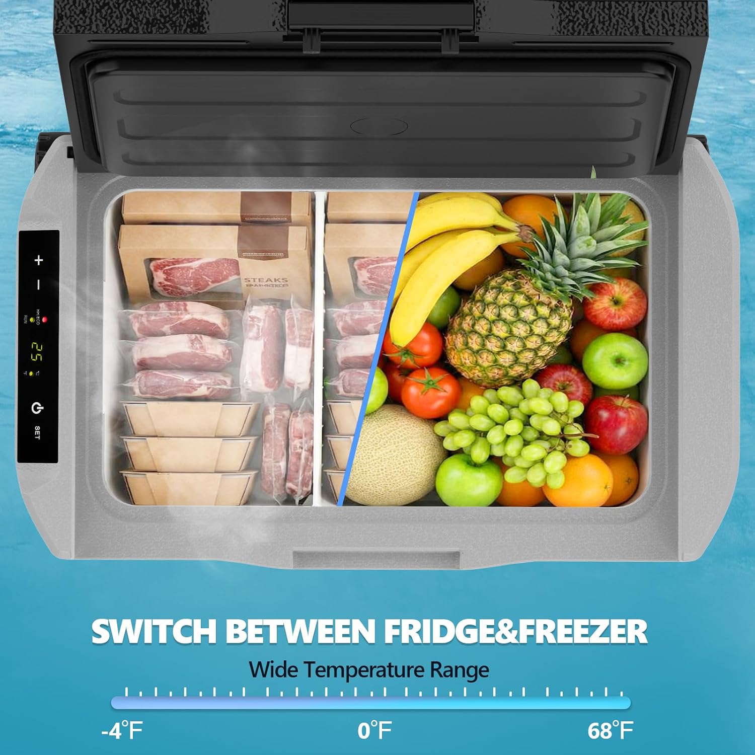 Kndko 12 Volt Car Refrigerator, 42 Quart Dual-Zone Portable Electric Cooler, Large Car Fridge with 12V/24V DC/100-240V AC Charger, -4℉~68℉, 12v Cooler with Wheels& Baskets for Road Trip, Camping