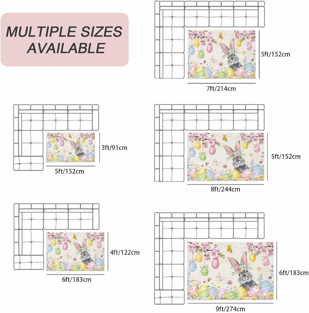 Easter Grey Bunny Outdoor Rug for Patio/Deck/Porch, Non-Slip Large Area Rug 5 x 7 Ft, Spring Vintage Colorful Eggs Flower Indoor Outdoor Rugs Washable Area Rugs, Reversible Camping Rug Carpet Runner