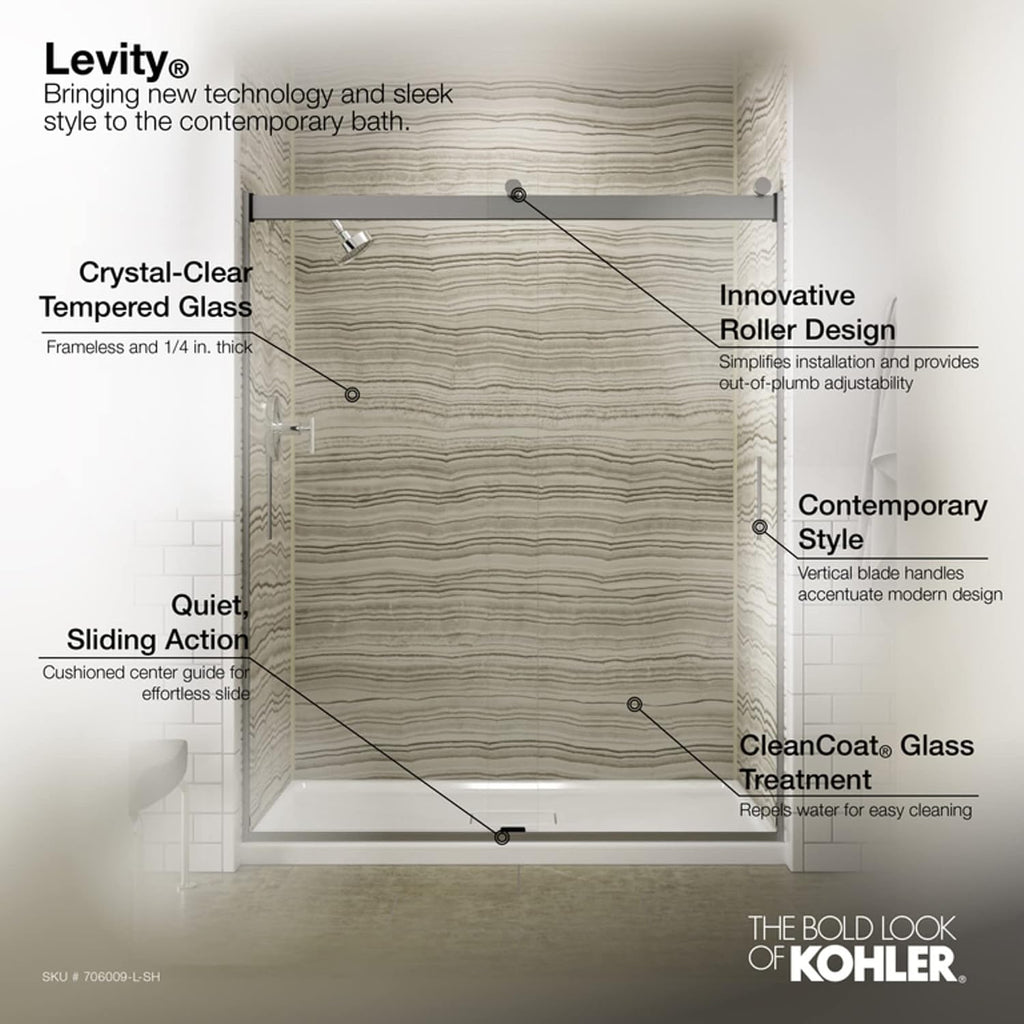 Levity Sliding Shower Door, 74-in H X 43-5/8-47-5/8-in W, With 1/4-in Thick Crystal Clear Glass