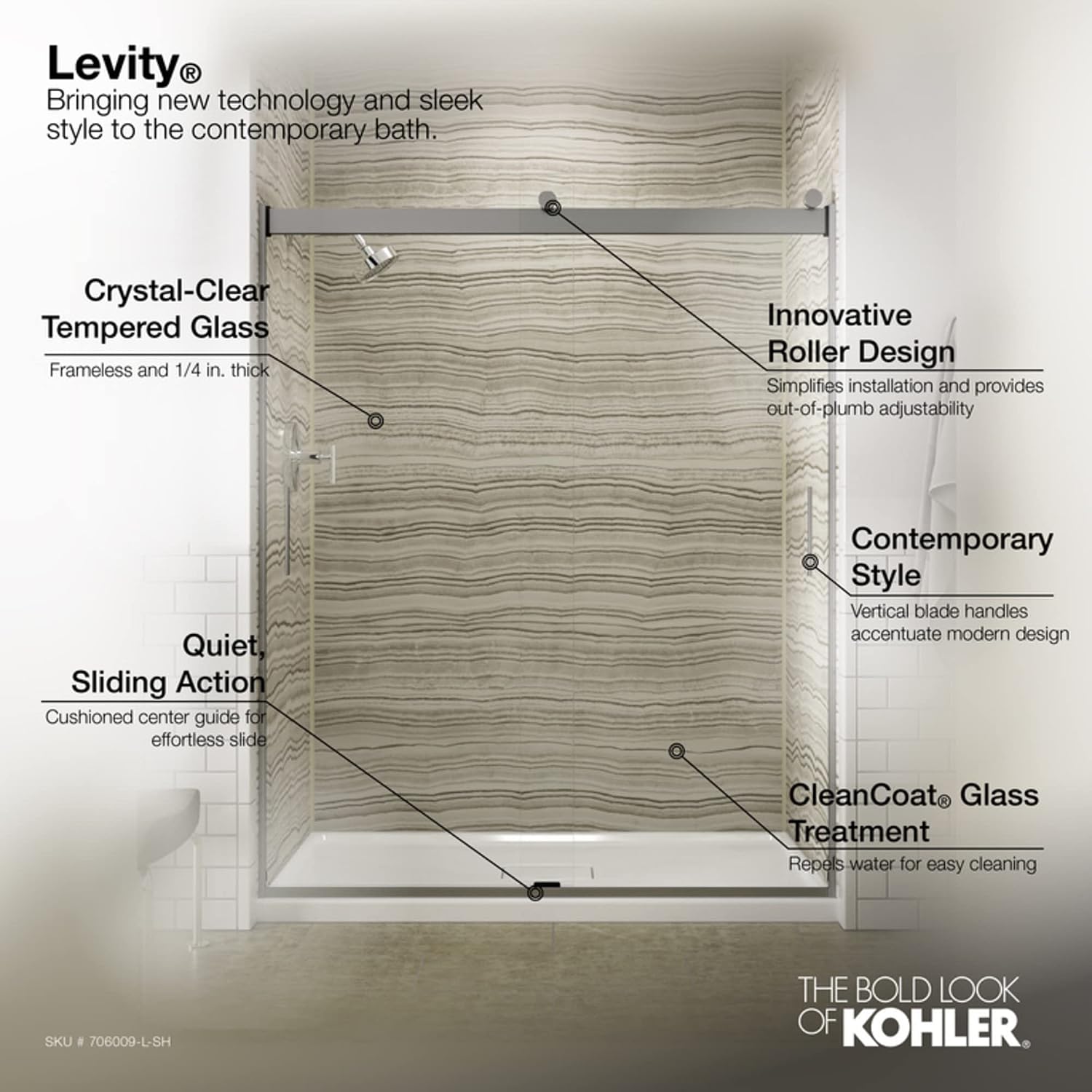 Levity Sliding Shower Door, 74-in H X 43-5/8-47-5/8-in W, With 1/4-in Thick Crystal Clear Glass