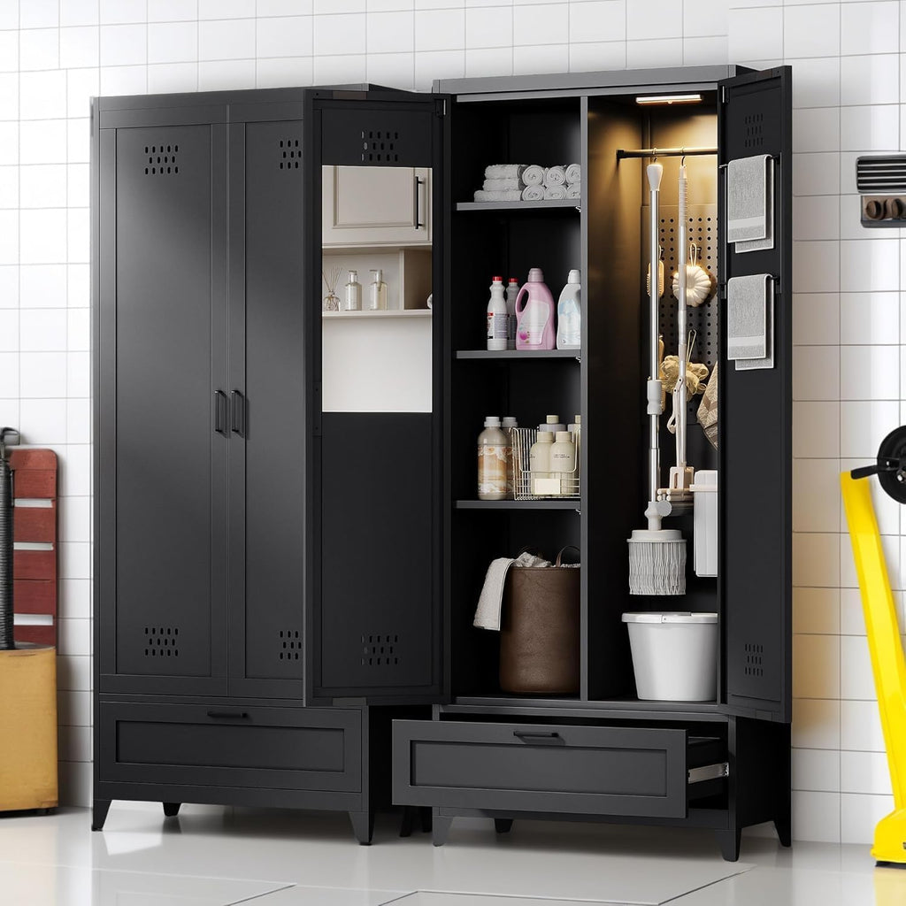 YITAHOME 71' Metal Garage Broom Cabinets with Adjustable Shelves, Vacuum Storage Cabinet with Doors and Drawer, Tool Storage Cabinet for Gym, Basement, Warehouse, Black, Metal