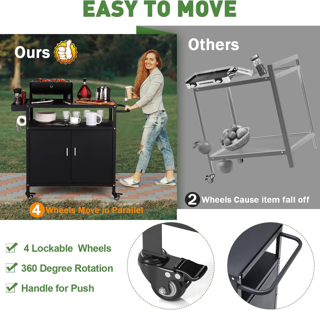 Outdoor Grill Cart with Storage Cabinet, Pizza Oven Stand Table with Wheels for Outside, Patio, Kitchen, Movable Outdoor Food Prep Table for Grill, BBQ