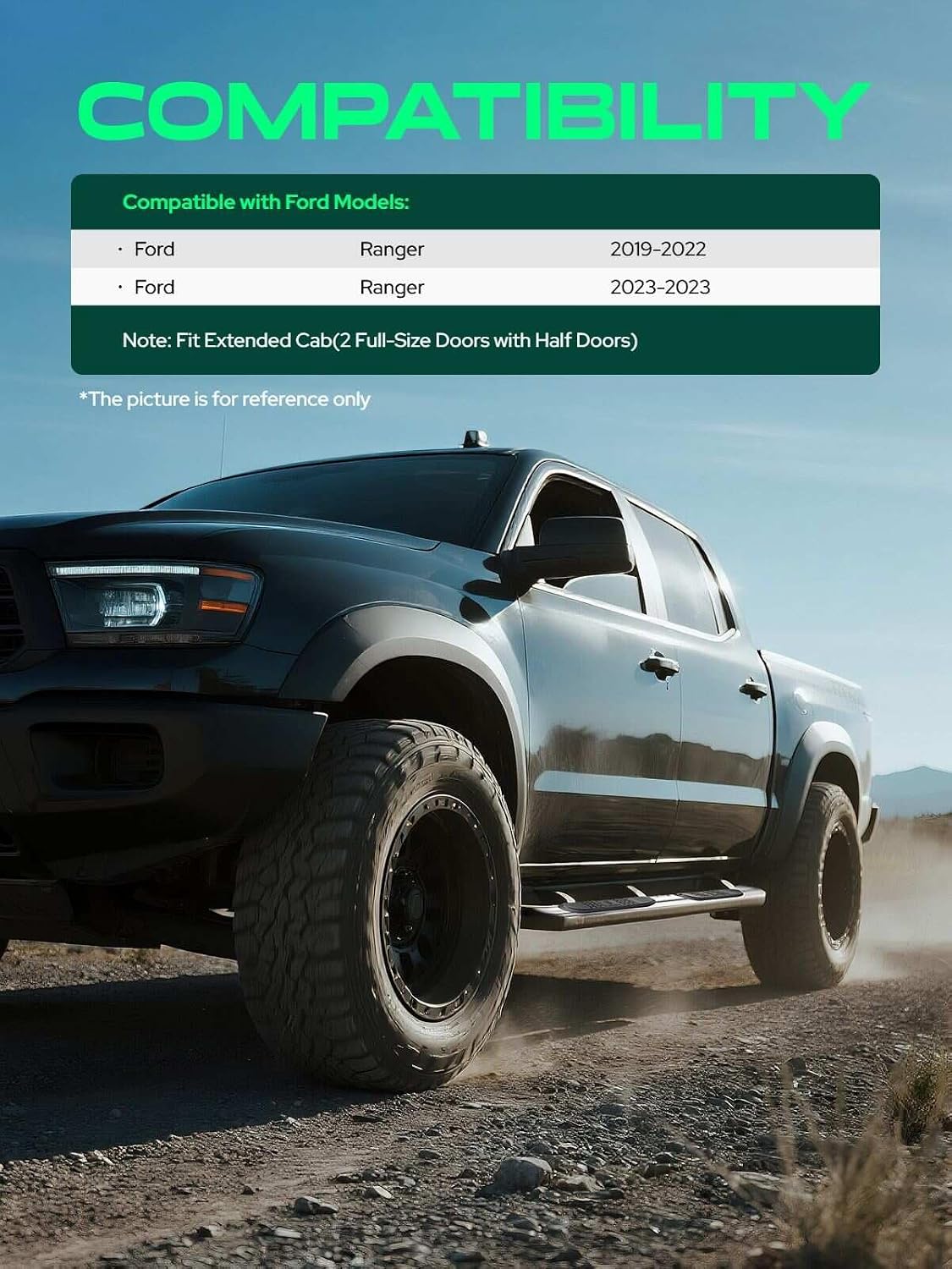 YHTAUTO 6.5 Inch Running Boards Fit for Ford Ranger 2019-2023 (Extended Cab/Super Cab) Carbon Steel Black Powder, Truck Cab Side Step Rails Off-Road Exterior Accessories