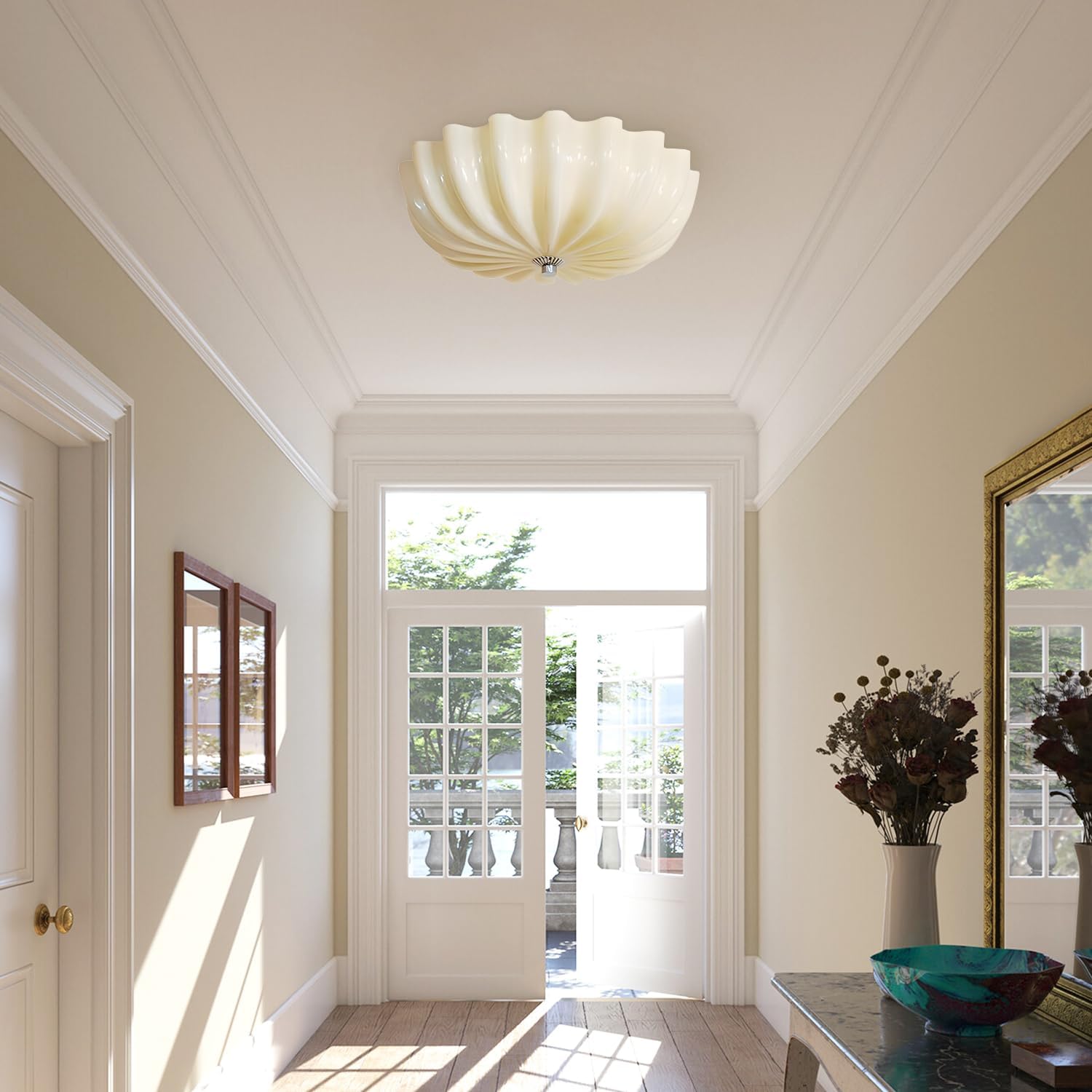 Retro Vintage Yellow Glass Ceiling Light Fixture Scalloped Semi Flush Mount Ceiling Light Modern LED Corridor Hallway Ceiling Lights Large Kitchen Flush Mount Lighting
