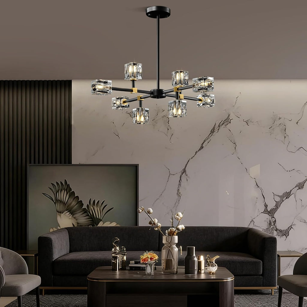 Modern Sputnik Crystal Kitchen Chandelier - Luxury Elegant 8 Light Black and Gold Brushed Brass Chandeliers - Adjustable Height Pendant Lighting Ceiling Fixture for Dining Room Living Room Island