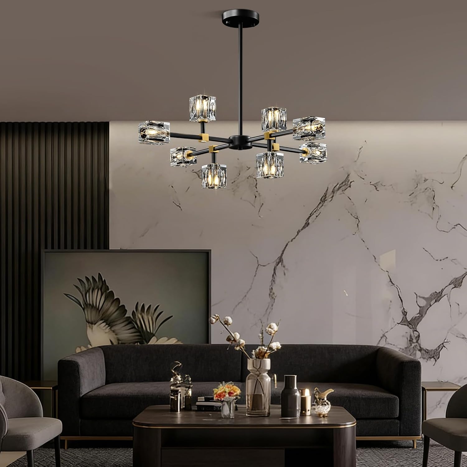 Modern Sputnik Crystal Kitchen Chandelier - Luxury Elegant 8 Light Black and Gold Brushed Brass Chandeliers - Adjustable Height Pendant Lighting Ceiling Fixture for Dining Room Living Room Island