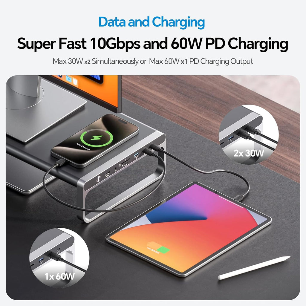 MacBook Docking Station Monitor Stand, 13-in-1 USB C Laptop Docking Station with 6 USB A/C Ports (Data & Max 60W Charging), 4K HDMI, SD/TF, 3.5mm Audio, Ethernet for MacBook, Windows