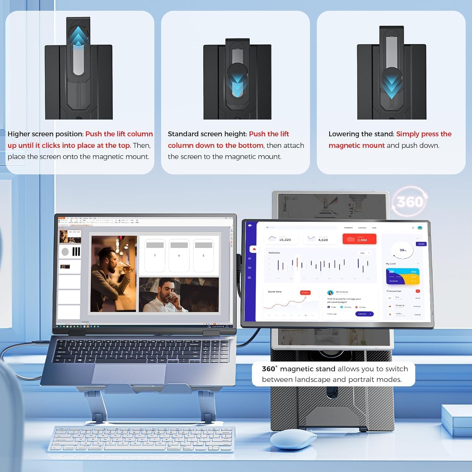 Portable Laptop Screen Extender 16.1' 1200P FHD, Rotatable & Adjustable Stand, USB-C/HDMI for 13-17.5' Laptops, Mac/Windows/Chrome/Android/Dex