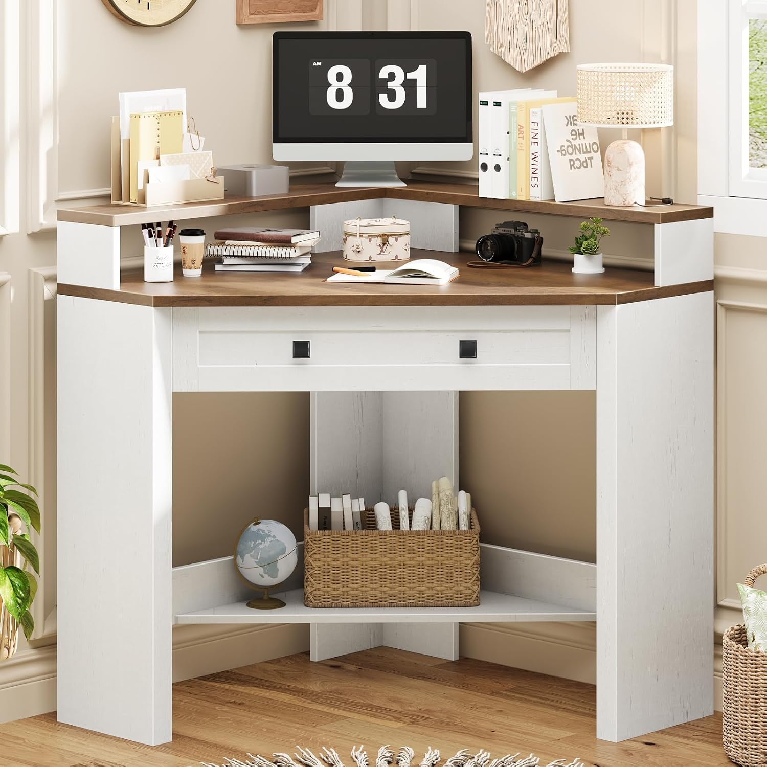 Corner Desk, Triangle Computer Desk Home Office Workstation with Drawer and Monitor Stand for Small Spaces Farmhouse Corner Vanity Table for Bedroom Study, Living Room (Rustic White and Brown)
