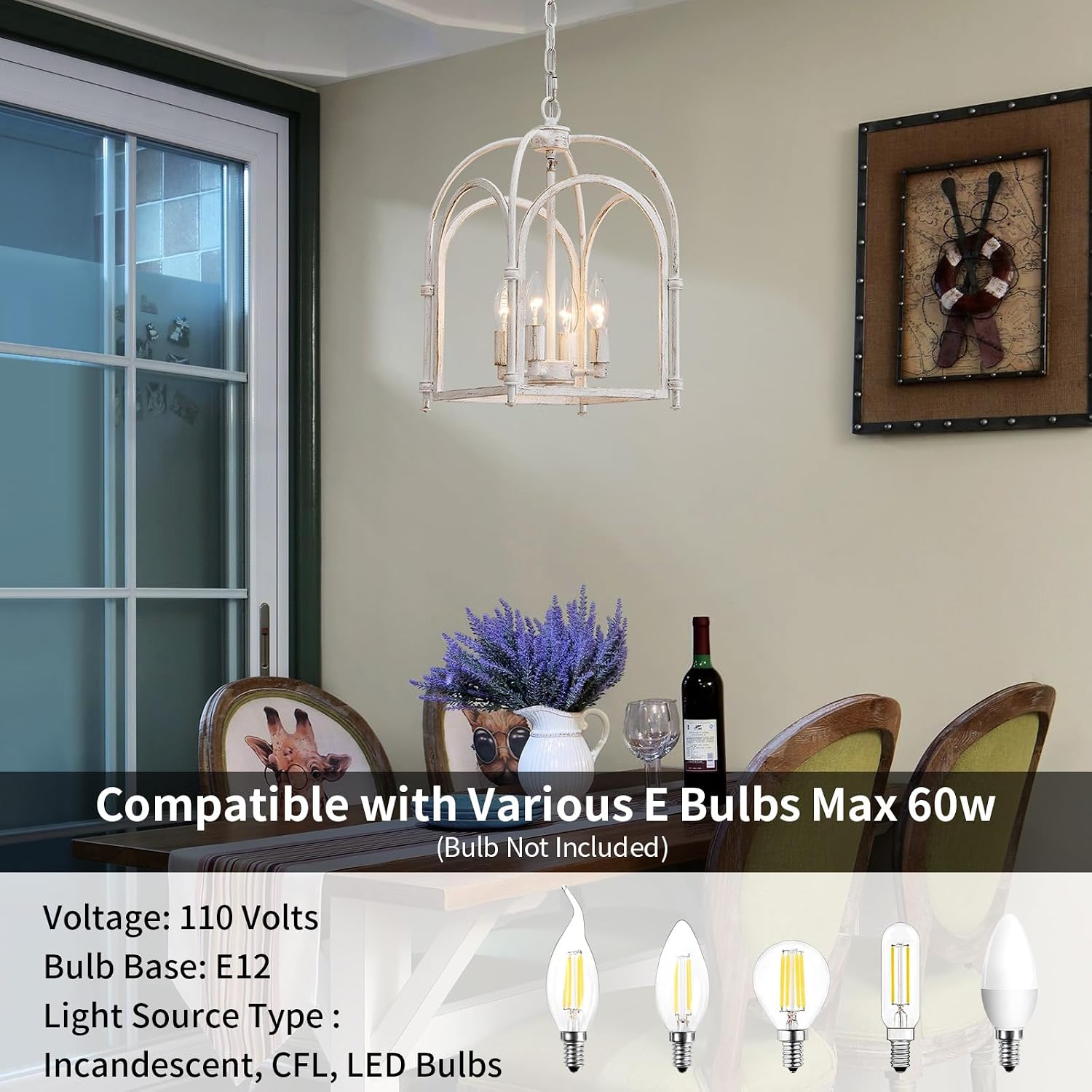 4-Light Chandeliers, Farmhouse White Chandelier for Dining Room Light Fixtures, Lantern Metal Kitchen Pendant Light Fixtures, Rustic Cage Chandelier for Bedroom Living Room Kitchen Island Hallway