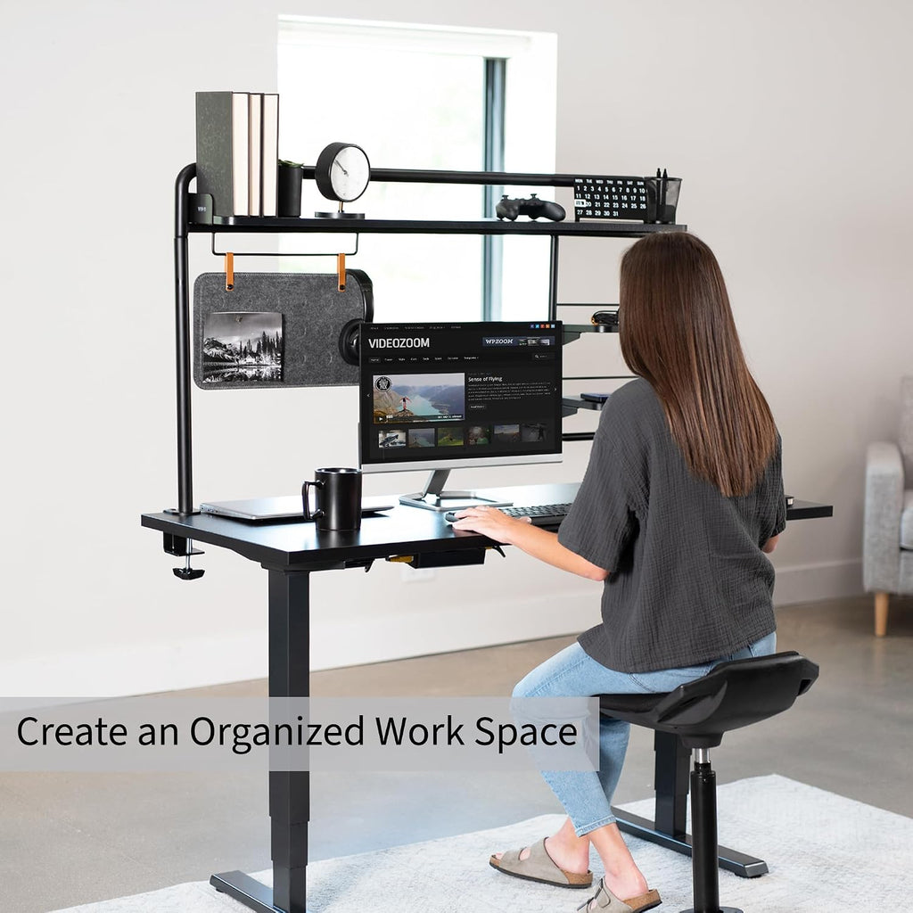 VIVO Clamp-on 50 inch Desktop Shelving System for Sit Stand Workstation, Raised Accessory Storage Shelves and Magnetic Memo Board Desk Organizer, Black, DESK-SHELF55A