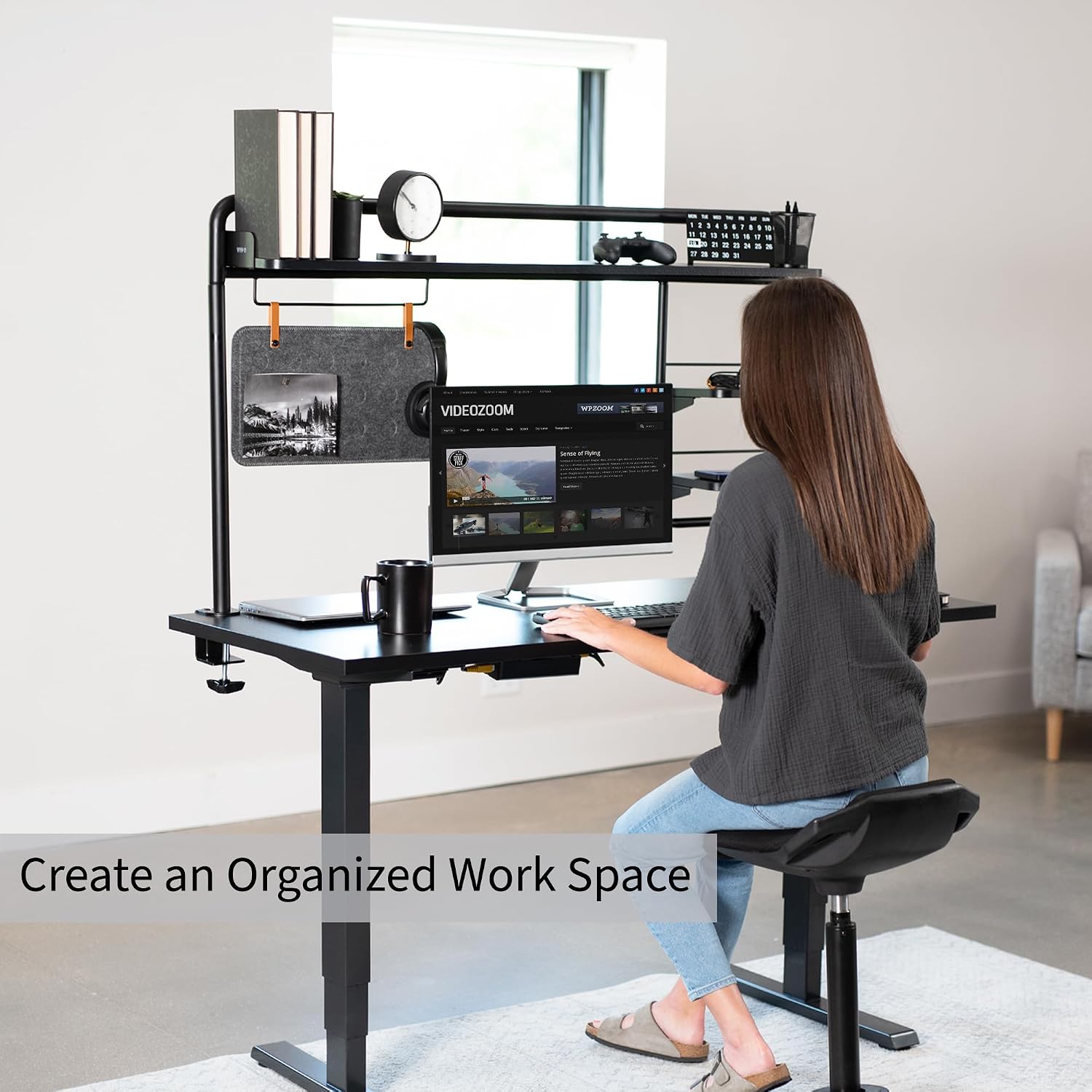 VIVO Clamp-on 50 inch Desktop Shelving System for Sit Stand Workstation, Raised Accessory Storage Shelves and Magnetic Memo Board Desk Organizer, Black, DESK-SHELF55A